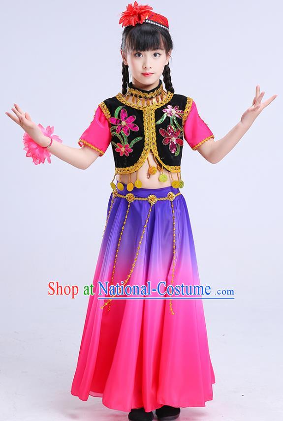 Chinese Traditional Folk Dance Costumes Uyghur Nationality Dance Pink Dress Children Classical Dance Clothing for Kids