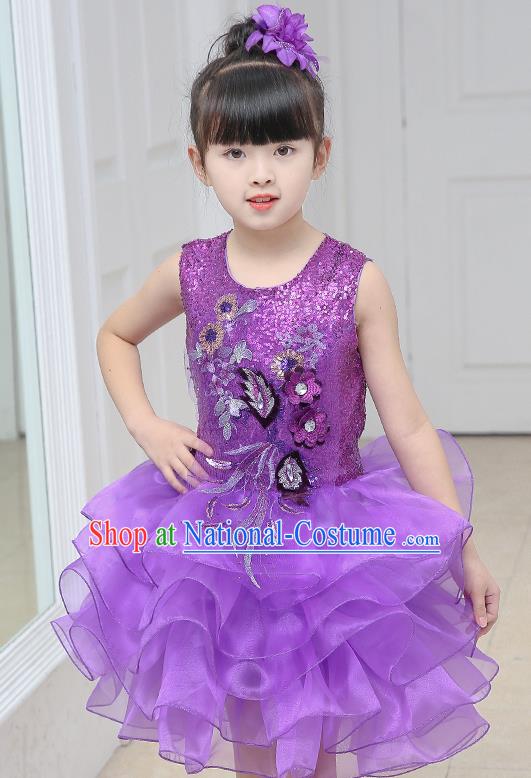 Top Grade Chorus Costumes Stage Performance Purple Sequins Bubble Dress Children Modern Dance Clothing for Kids