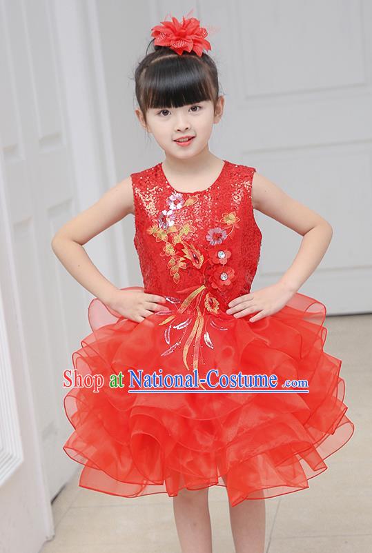 Top Grade Chorus Costumes Stage Performance Red Sequins Bubble Dress Children Modern Dance Clothing for Kids