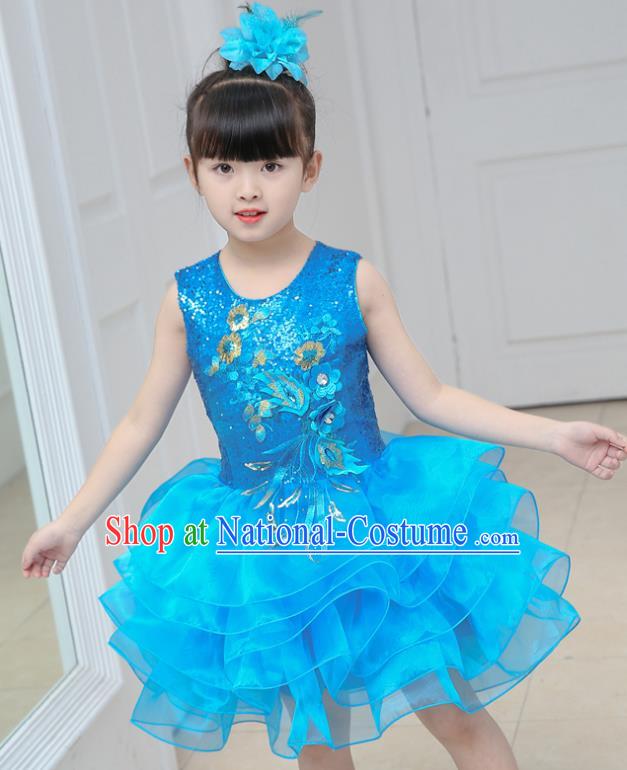 Top Grade Chorus Costumes Stage Performance Blue Sequins Bubble Dress Children Modern Dance Clothing for Kids