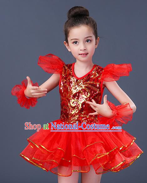 Top Grade Chorus Costumes Stage Performance Jazz Dance Red Dress Children Modern Dance Clothing for Kids