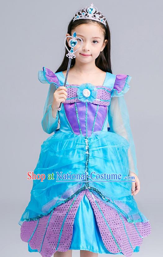 Top Grade Halloween Costumes Stage Performance Princess Blue Full Dress Children Modern Dance Clothing for Kids