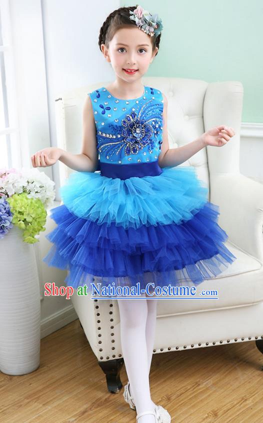 Top Grade Chorus Costumes Stage Performance Princess Crystal Blue Bubble Dress Children Modern Dance Clothing for Kids