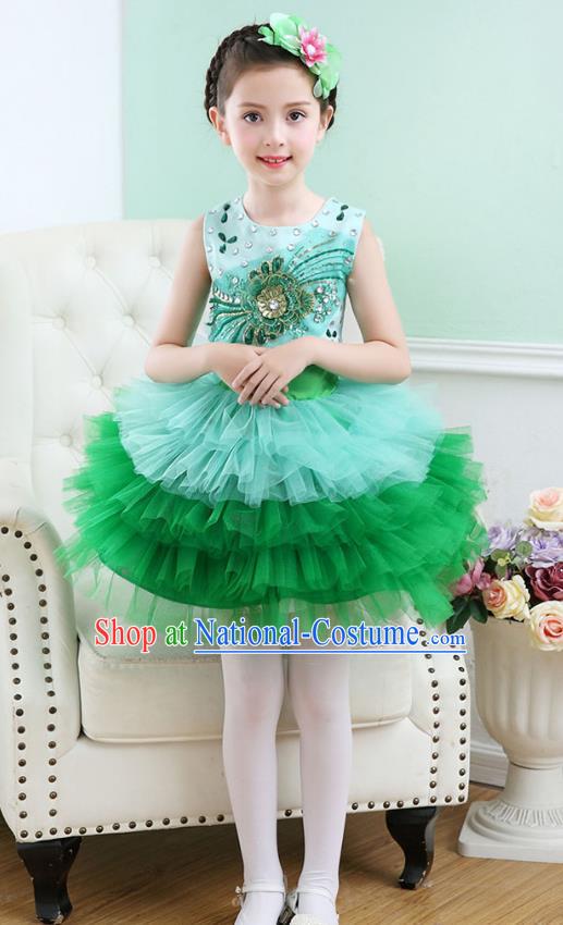 Top Grade Chorus Costumes Stage Performance Princess Crystal Green Bubble Dress Children Modern Dance Clothing for Kids