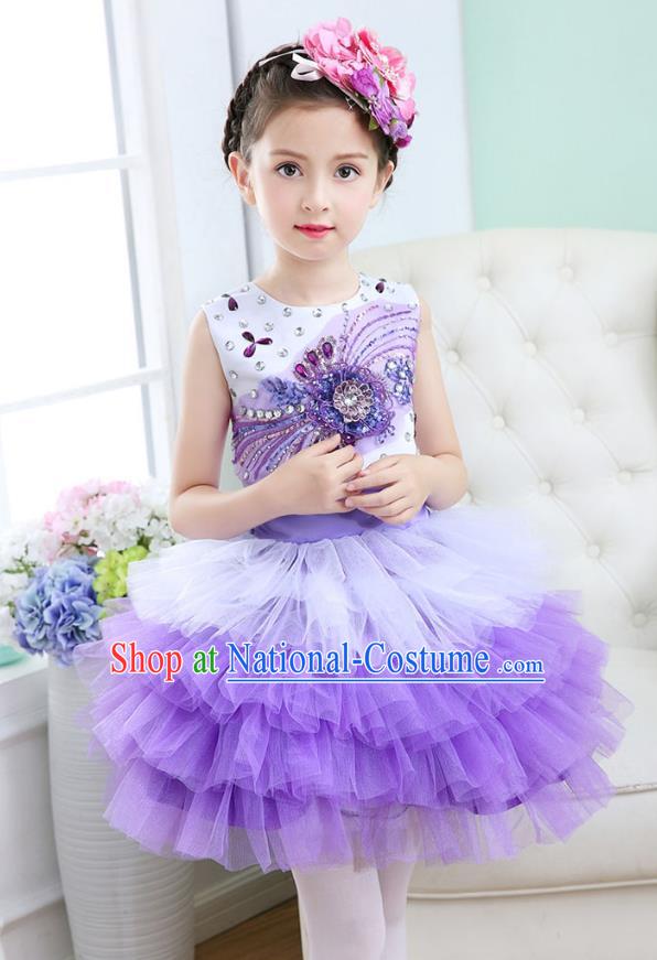 Top Grade Chorus Costumes Stage Performance Princess Crystal Purple Bubble Dress Children Modern Dance Clothing for Kids