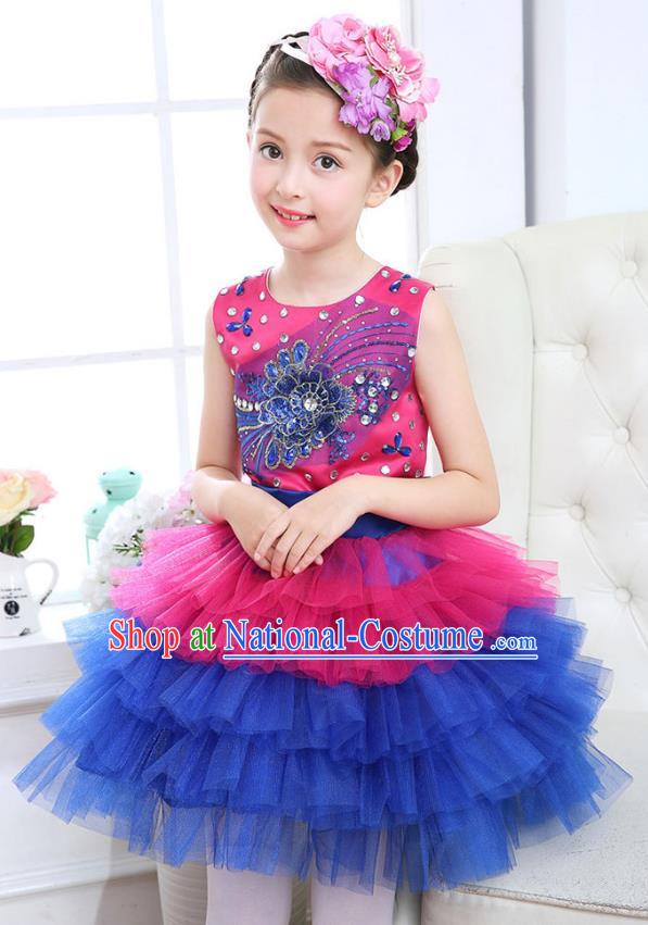 Top Grade Chorus Costumes Stage Performance Princess Crystal Rosy Bubble Dress Children Modern Dance Clothing for Kids