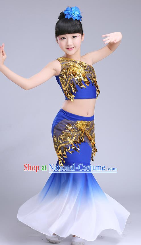 Chinese Traditional Folk Dance Costumes Pavane Dance Royalblue Dress Children Classical Peacock Dance Clothing for Kids