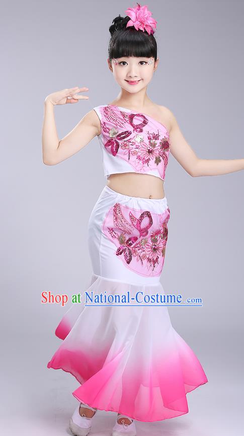 Chinese Traditional Folk Dance Costumes Dai Nationality Pavane Pink Dress Children Classical Peacock Dance Clothing for Kids