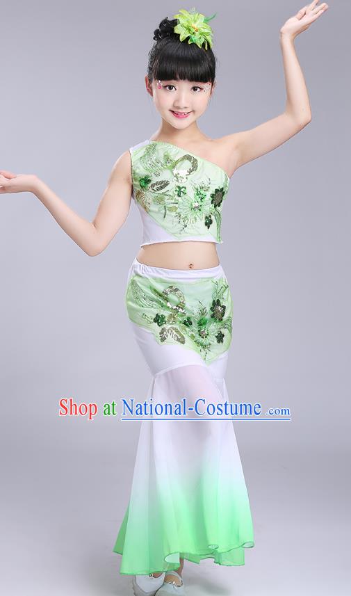 Chinese Traditional Folk Dance Costumes Dai Nationality Pavane Green Dress Children Classical Peacock Dance Clothing for Kids