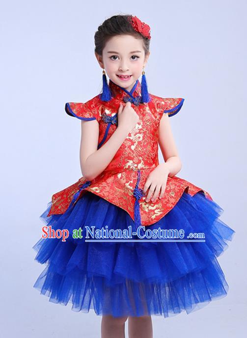 Chinese Traditional Folk Dance Costumes Compere Cheongsam Dress Children Classical Dance Clothing for Kids