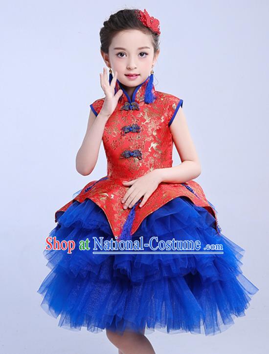 Chinese Traditional Folk Dance Costumes Compere Cheongsam Dress Children Classical Dance Clothing for Kids