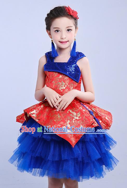 Chinese Traditional Folk Dance Costumes Compere Cheongsam Red Dress Children Classical Dance Clothing for Kids