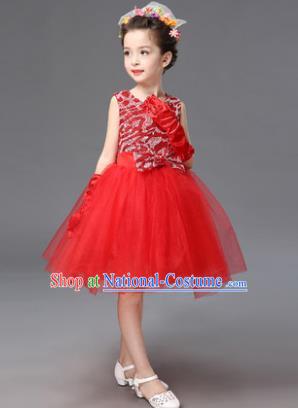 Top Grade Princess Red Bubble Dress Stage Performance Chorus Costumes Children Modern Dance Clothing for Kids