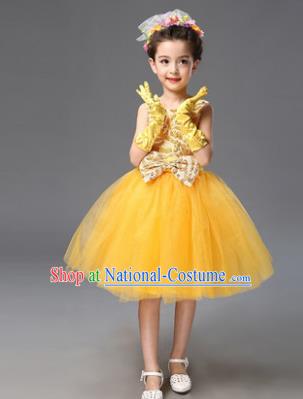 Top Grade Princess Yellow Bubble Dress Stage Performance Chorus Costumes Children Modern Dance Clothing for Kids