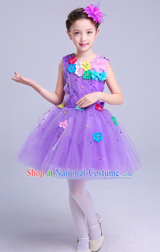 Top Grade Princess Purple Bubble Dress Girls Stage Performance Chorus Costumes Modern Dance Clothing for Kids