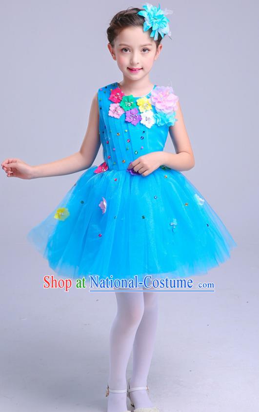 Top Grade Princess Blue Bubble Dress Girls Stage Performance Chorus Costumes Modern Dance Clothing for Kids