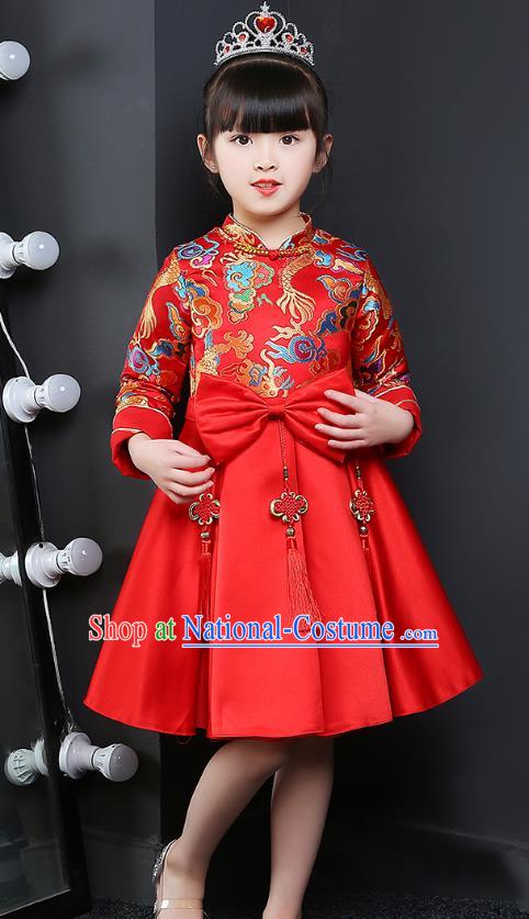 Chinese Traditional Folk Dance Red Cheongsam Fan Dance Costumes Children Classical Dance Yangko Clothing for Kids