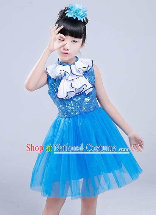 Top Grade Princess Dress Girls Stage Performance Chorus Costumes Blue Bubble Dress for Kids