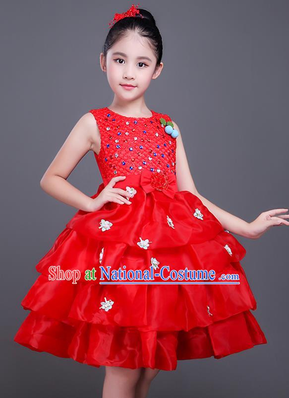 Top Grade Princess Dress Girls Stage Performance Chorus Costumes Red Bubble Dress for Kids