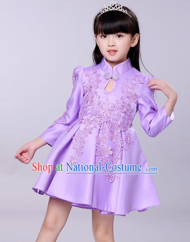 Top Grade Princess Dress Girls Stage Performance Chorus Purple Cheongsam Costumes Bubble Dress for Kids