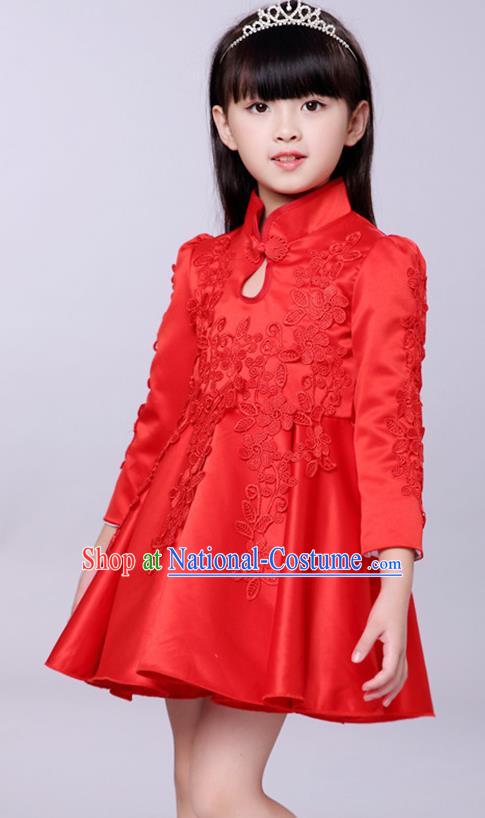 Top Grade Princess Dress Girls Stage Performance Chorus Red Cheongsam Costumes Bubble Dress for Kids