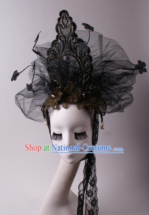 Top Grade Halloween Hair Accessories Stage Performance Modern Fancywork Headwear Black Veil Headdress