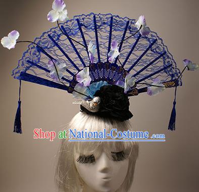 Top Grade Chinese Catwalks Hair Accessories Halloween Stage Performance Blue Lace Hair Clasp Modern Fancywork Headwear