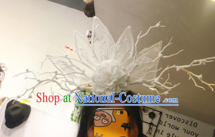 Top Grade Catwalks Hair Accessories Halloween Stage Performance White Flowers Lace Hair Clasp Modern Fancywork Headwear