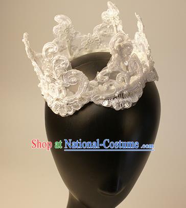 Top Grade Christmas Catwalks Hair Accessories Halloween Stage Performance White Lace Royal Crown Modern Fancywork Headwear