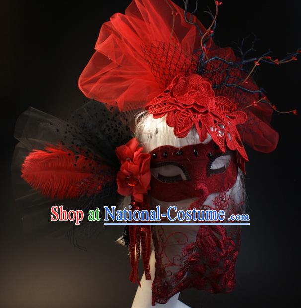 Halloween Exaggerated Red Lace Face Mask Fancy Ball Props Stage Performance Accessories Christmas Mysterious Masks