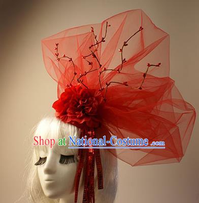 Top Grade Catwalks Hair Accessories Halloween Stage Performance Red Flower Veil Hair Clasp Modern Fancywork Headwear