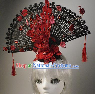 Top Grade China Catwalks Hair Accessories Halloween Modern Fancywork Red Lace Fan-Shape Hair Clasp Headwear