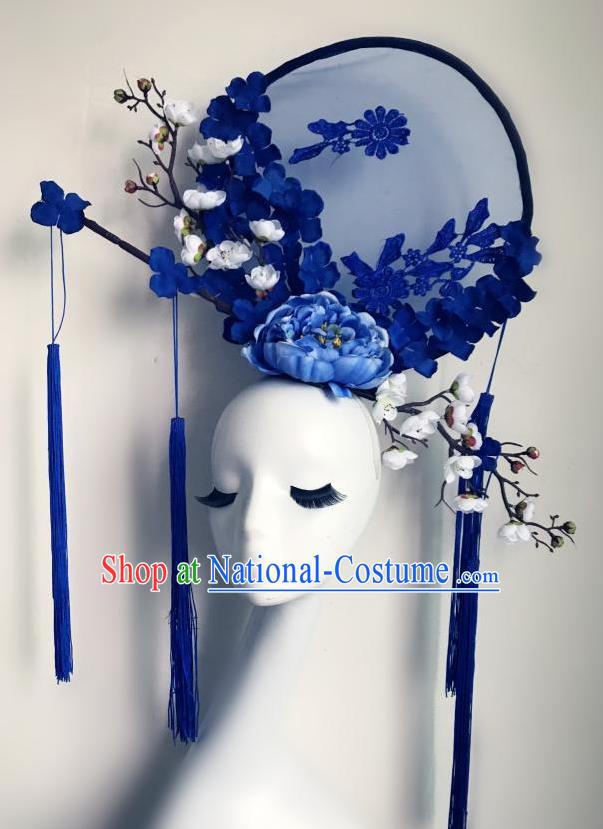 Top Grade Chinese Traditional Catwalks Hair Accessories Exaggerated Palace Blue Peony Flowers Headdress Halloween Modern Fancywork Headwear