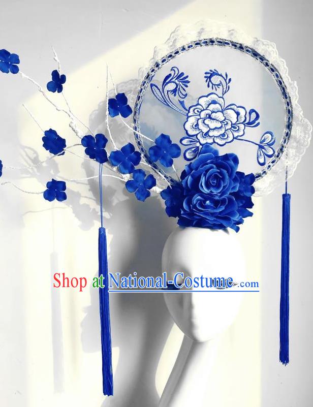 Top Grade Chinese Traditional Catwalks Hair Accessories Exaggerated Palace Blue Peony Embroidered Headdress Halloween Modern Fancywork Headwear