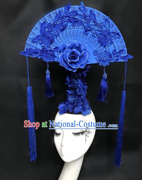 Top Grade Chinese Traditional Catwalks Hair Accessories Exaggerated Palace Blue Fan-Shape Headdress Halloween Modern Fancywork Headwear