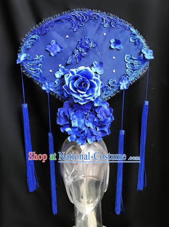 Top Grade Chinese Traditional Catwalks Hair Accessories Exaggerated Palace Blue Peony Fan-Shape Headdress Halloween Modern Fancywork Headwear