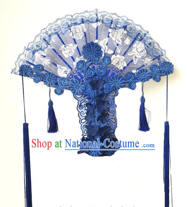 Top Grade Chinese Traditional Catwalks Hair Accessories Exaggerated Palace Pincess Blue Lace Headdress Halloween Modern Fancywork Headwear