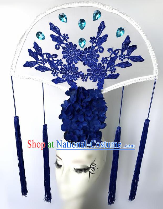 Top Grade Chinese Traditional Catwalks Hair Accessories Exaggerated Palace Pincess Blue Flowers Headdress Halloween Modern Fancywork Headwear