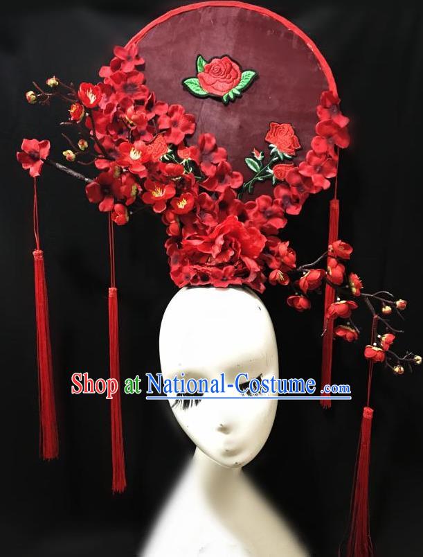 Top Grade Chinese Traditional Catwalks Hair Accessories Exaggerated Palace Pincess Red Peach Blossom Headdress Halloween Modern Fancywork Headwear