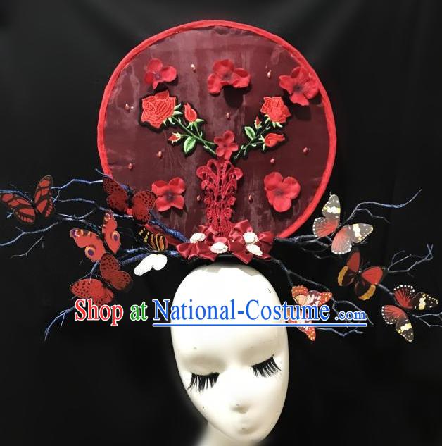 Top Grade Chinese Traditional Catwalks Hair Accessories Exaggerated Palace Pincess Red Butterfly Headdress Halloween Modern Fancywork Headwear