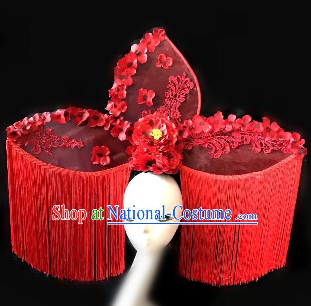 Top Grade Chinese Traditional Catwalks Hair Accessories Exaggerated Palace Pincess Red Tassel Headdress Halloween Modern Fancywork Headwear