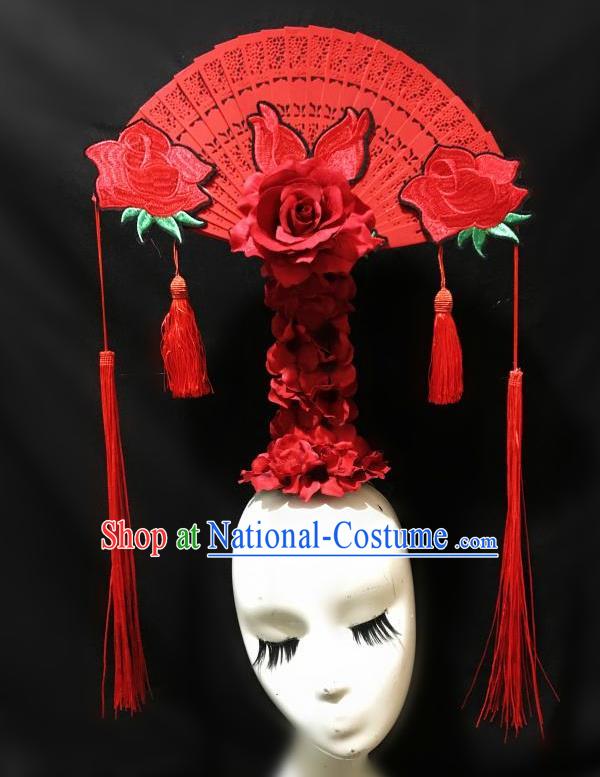 Top Grade Chinese Traditional Catwalks Hair Accessories Exaggerated Palace Pincess Red Lace Headdress Halloween Modern Fancywork Headwear