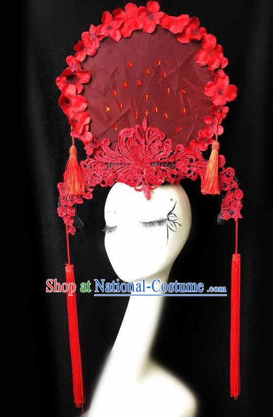 Top Grade Chinese Traditional Catwalks Hair Accessories Exaggerated Palace Pincess Red Flowers Headdress Halloween Modern Fancywork Headwear