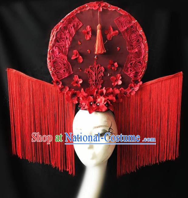 Top Grade Chinese Traditional Catwalks Hair Accessories Exaggerated Palace Pincess Red Lace Tassel Headdress Halloween Modern Fancywork Headwear