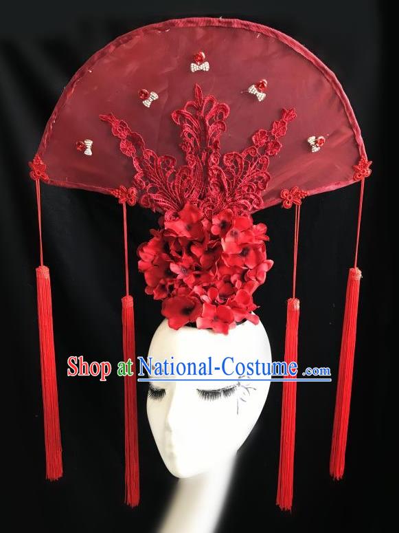 Top Grade Chinese Traditional Catwalks Hair Accessories Exaggerated Palace Pincess Red Fan Headdress Halloween Modern Fancywork Headwear