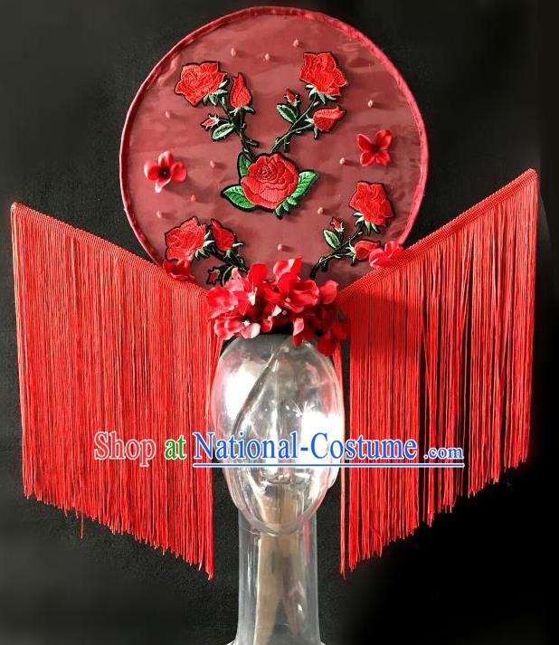 Top Grade Chinese Traditional Catwalks Tassel Hair Accessories Exaggerated Palace Pincess Red Embroidered Headdress Halloween Modern Fancywork Headwear