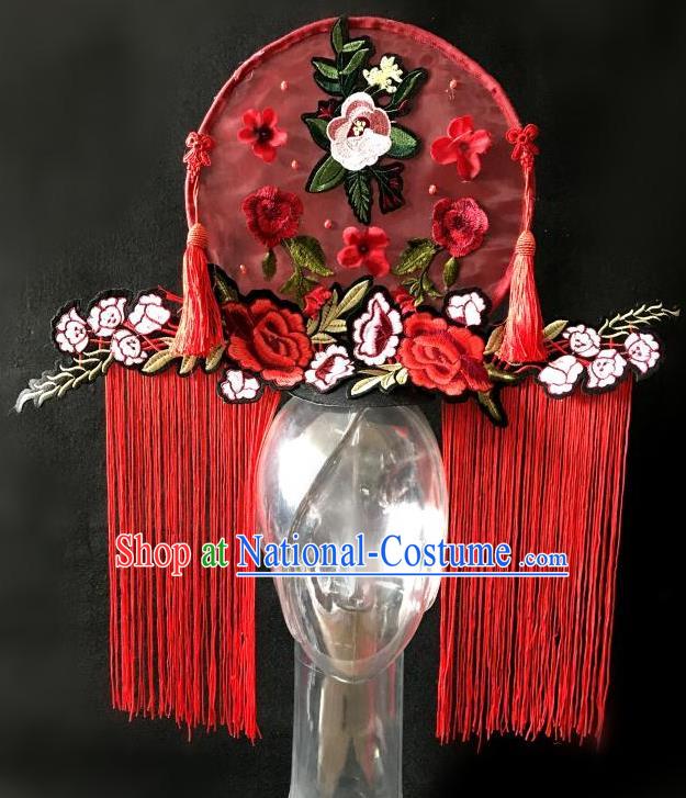 Top Grade Chinese Traditional Catwalks Tassel Hair Accessories Exaggerated Palace Pincess Red Embroidered Flowers Headdress Halloween Modern Fancywork Headwear