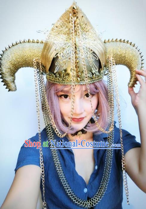 Top Grade Catwalks Tassel Hair Accessories Exaggerated Ox Horn Golden Hats Halloween Modern Fancywork Headwear