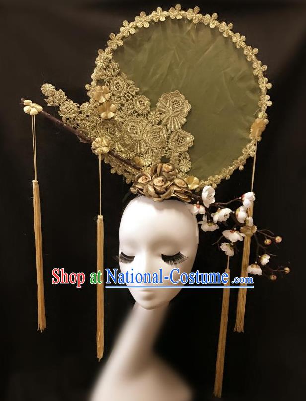 Top Grade Catwalks Tassel Hair Accessories Exaggerated Chinese Traditional Golden Lace Headdress Modern Fancywork Headwear