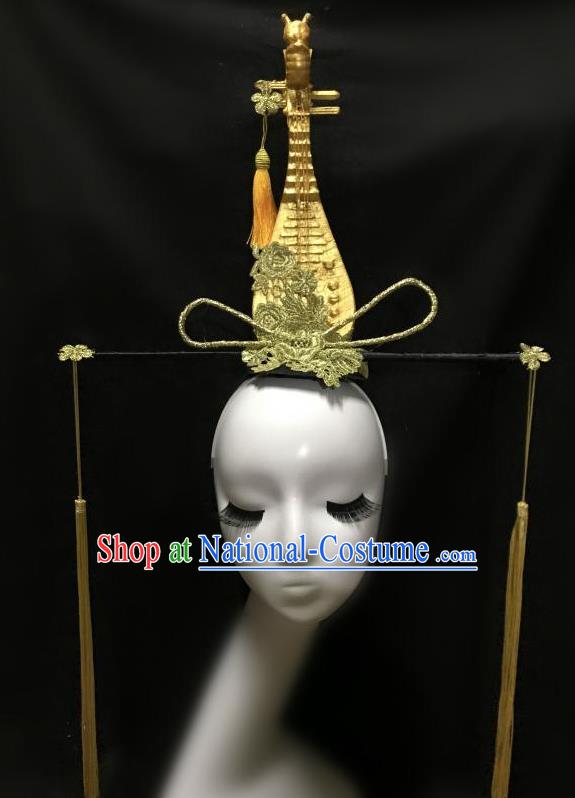 Top Grade Catwalks Tassel Hair Accessories Exaggerated Chinese Traditional Golden Lute Headdress Modern Fancywork Headwear